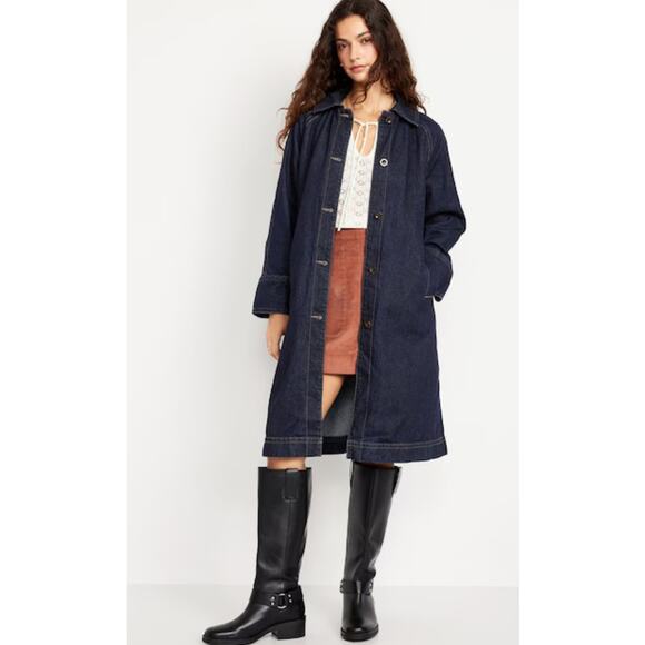 NEW Old Navy Denim Long Barn Coat Jacket Size Small Relaxed Fit Dark Wash - Picture 1 of 12